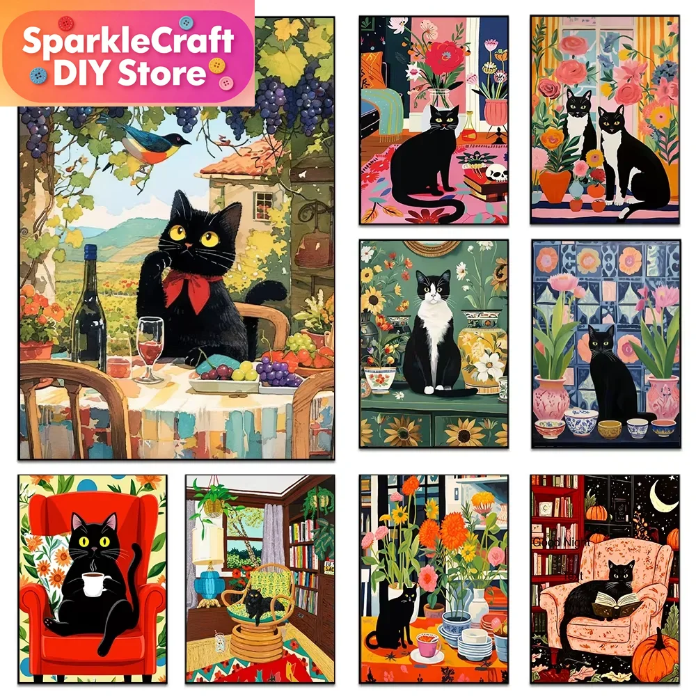 Embroidery Garments - 1pc frameless Cartoon Black Cat Colorful