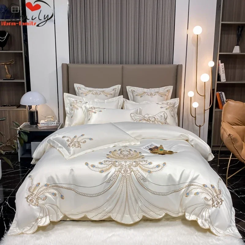 Embroidery Quilt Cover - Luxury Gold Feather Embroidery Egyptian Cotton