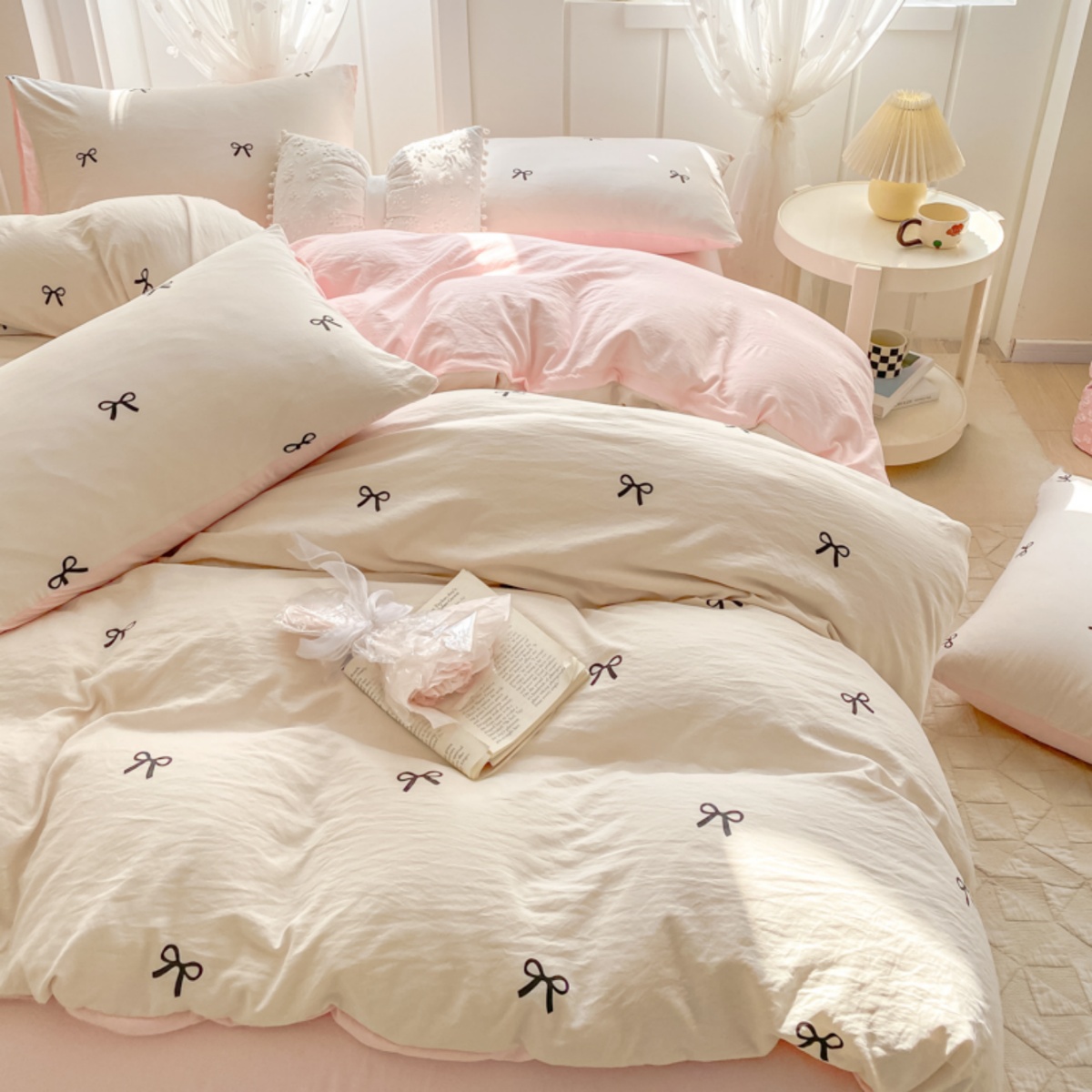 Embroidery Quilt Cover - 3 Piece Sheet Set pink bowknot