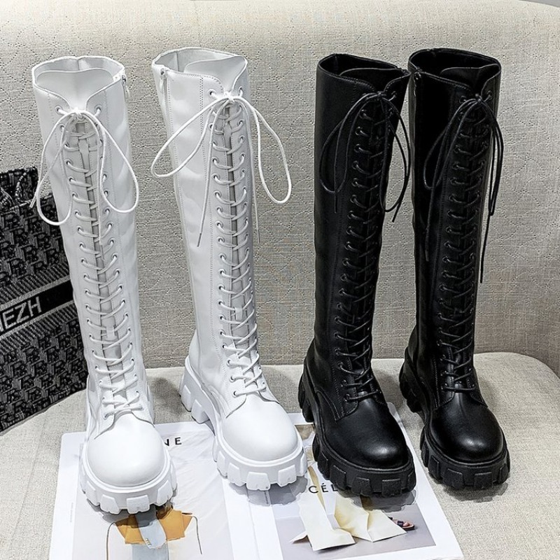 Embroidery White - Women Knee High Boots Lace Up